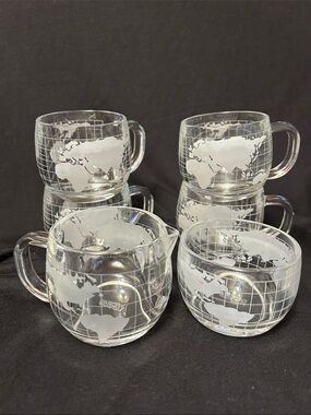 Vintage Nescafé Etched World Map Glass 4 Mugs, Creamer & Sugar Set